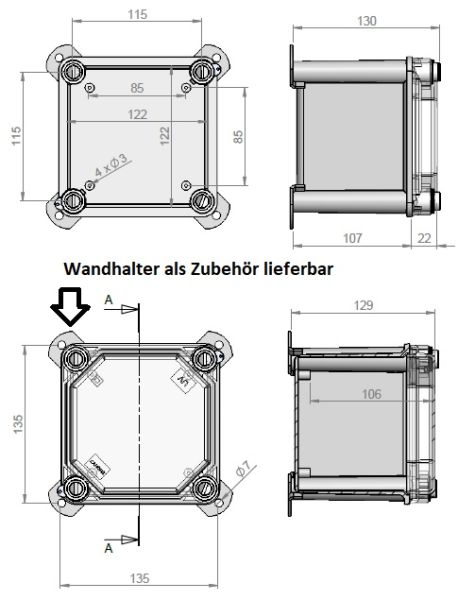 IP66 Industriegehäuse 135x135x129 mm LBH mit Sichtdeckel klar