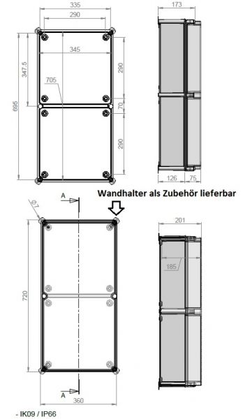 ISO GFK Industriegehäuse 720x360x201 mm LBH Sichtdeckel