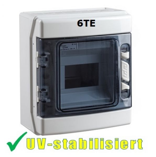 IP65 AP Outdoor-Verteiler 6TE 1-reihig mit transp. Klappe uv-stabilisiert IP65 AP Outdoor-Verteiler 6TE 1-reihig mit transp. Klappe uv-stabilisiert