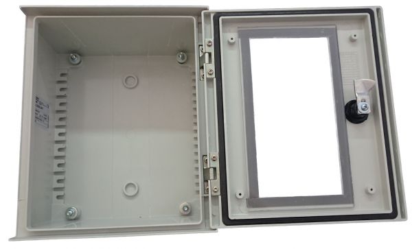 GRP polyester housing 300x250x140mm (HWD) IP66 plastic control cabinet with glazed door