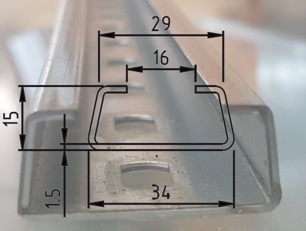 1m C-profile trapezoidal rail 34x15mm perforated