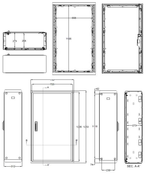 Plastic outdoor housing 1250x750x300 mm (HBT) standard door with swivel lever handle