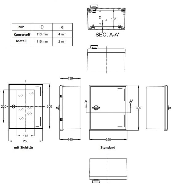 GFK Polyestergehäuse 300x250x140mm (HBT) IP66 Kunststoff Schaltschrank mit Sichttür