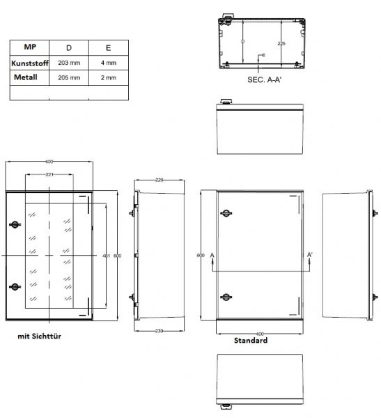 Kunststoff-Schaltschrank 600x400x230mm (HBT) IP66 mit Schwenkhebelgriff