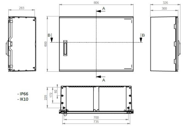 Plastic switch cabinet 600x800x300mm (HWD) IP66 with swing lever handle - B-stock