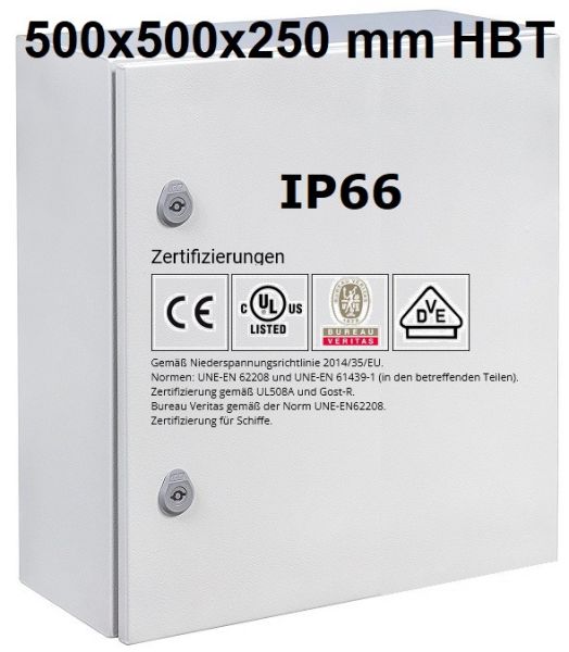 Schaltschrank 500x500x250 mm HBT Stahlblech 1-türig IP66 mit Montageplatte und Erdungsband