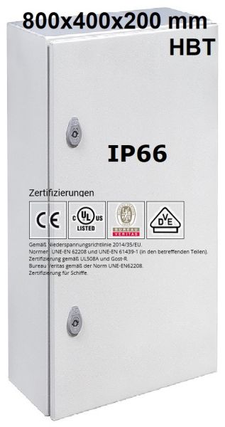 IP66 Schaltschrank 800x400x200 mm HBT VDE UL zertifiziert Stahlblech 1-türig mit Montageplatte