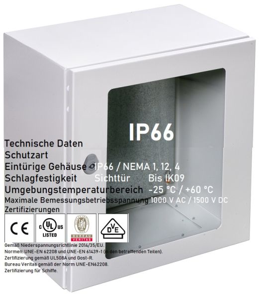 control cabinet 400x300x200 mm HBT IP66 with glazed door, mounting plate and grounding strap