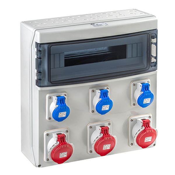Wandverteiler IP65 18TE mit 3x 230V 3P und 3x 32A 5p 400V Steckdosen IP44 vorverdrahtet ohne Sicherung