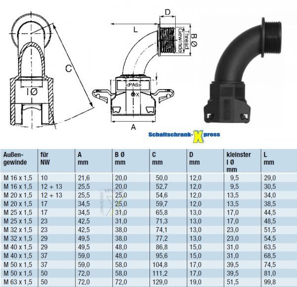 Bogen Verschraubung M32 auf Wellrohr NW23 metrisch Winkel 90°