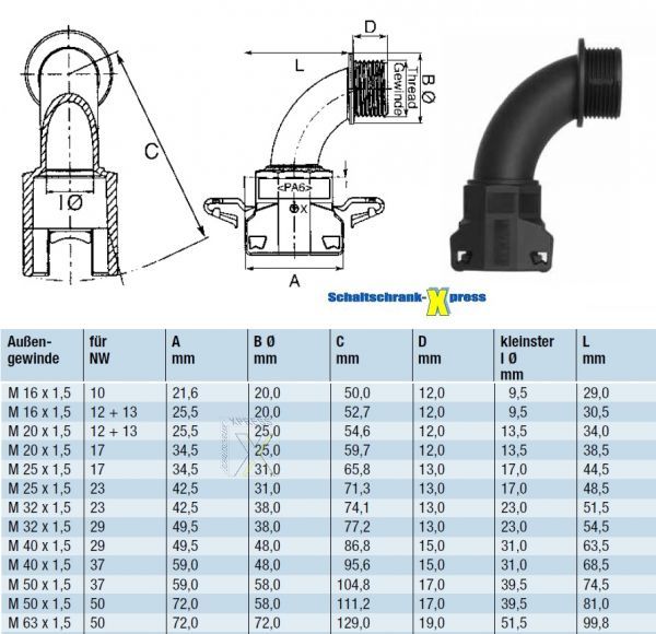 angle 90° screw connection M40 metric on corrugated tube NW37