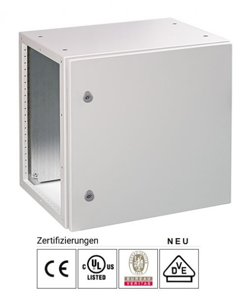 Stackable wall switch cabinet 600x800x400 mm with open sides - with galvanized metal mounting plate and earthing strap