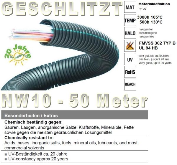 50m outdoor corrugated conduit NW10 UV-resistant - slotted
