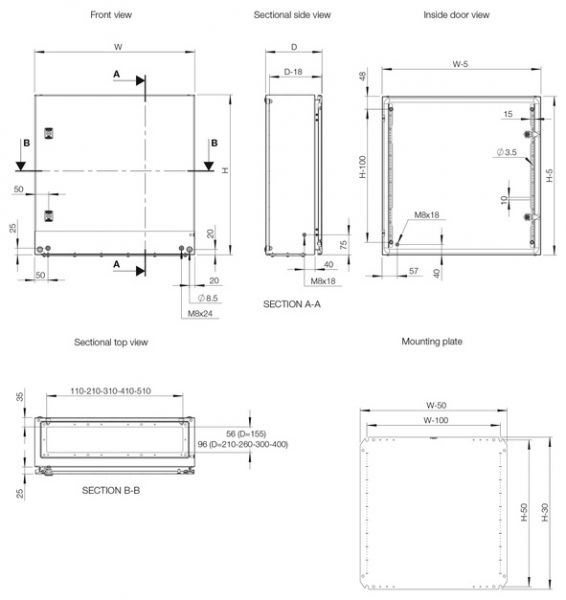 Stahlblech Schaltschrank 800 x 800 x 210 mm HBT IP66 1-türig mit Montageplatte