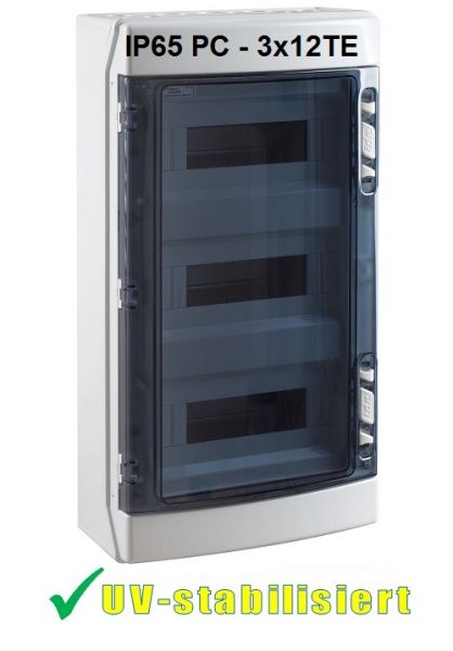 IP65 AP Outdoor-Verteiler mit transp. Klappe uv-stabilisiert - 3x12TE IP65 AP Outdoor-Verteiler mit transp. Klappe uv-stabilisiert - 3x12TE