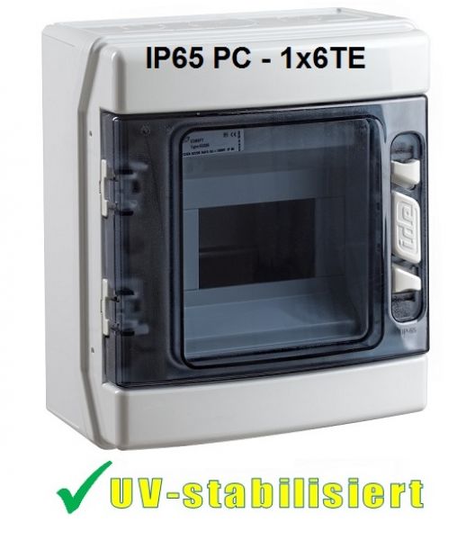 IP65 AP Outdoor-Verteiler 6TE 1-reihig mit transp. Klappe uv-stabilisiert
