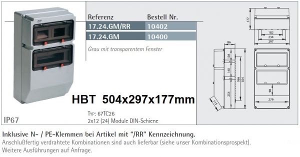1724GM/RR Wandverteiler 26TE Leer IP67 ( 2x 13TE ) mit Tragsschiene und N/PE-Klemme