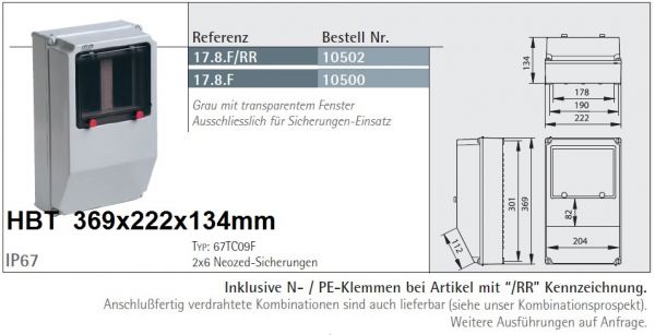 IP67 Wandverteiler Leer 2x6TE NEOZED HS +N/PE-Klemme