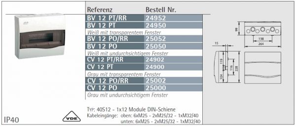 IP40 AP Verteilergehäuse 1x12TE HS + N/PE weiß IP40 AP Verteilergehäuse 1x12TE HS + N/PE weiß