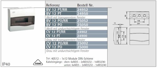 IP40 AP Verteilergehäuse weiß 1-reihig 12TE mit Tragschiene + N/PE-Klemme