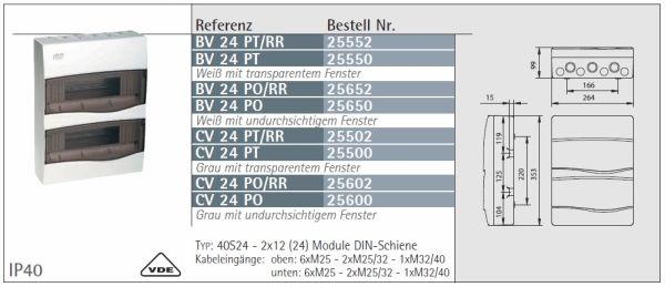 IP40 AP Verteilergehäuse weiß 2-reihig 2x12TE 24TE mit Tragschiene + N/PE-Klemme