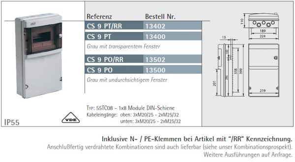 IP55 Wandverteiler mit transp. Klappe 1x8TE HS+N/PE IP55 Wandverteiler mit transp. Klappe 1x8TE HS+N/PE
