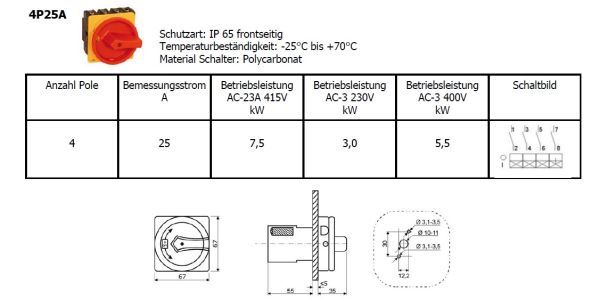 25A Einbau-Hauptschalter 4-polig IP65