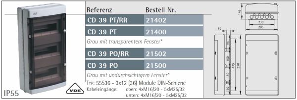 AP Verteiler 3x12TE HS+NPE - Feuchtraumverteiler IP55 grau mit Klappe