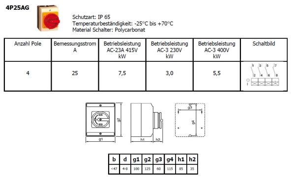 25A Hauptschalter 4-polig mit IP65 Gehäuse