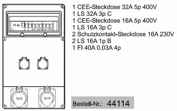 Wandverteiler 1x32 1x16 2x230V anschlussfertig verdrahtet mit FI40A