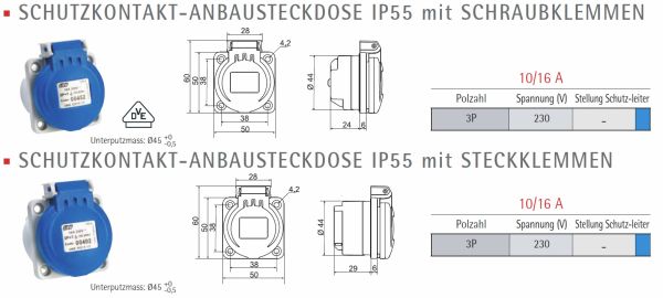 IP54 Schuko Anbausteckdose blau 10/16A 230V Steckklemmen