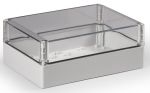 Polycarbonate housing grey 250x175x100 LxWxH with transparent lid